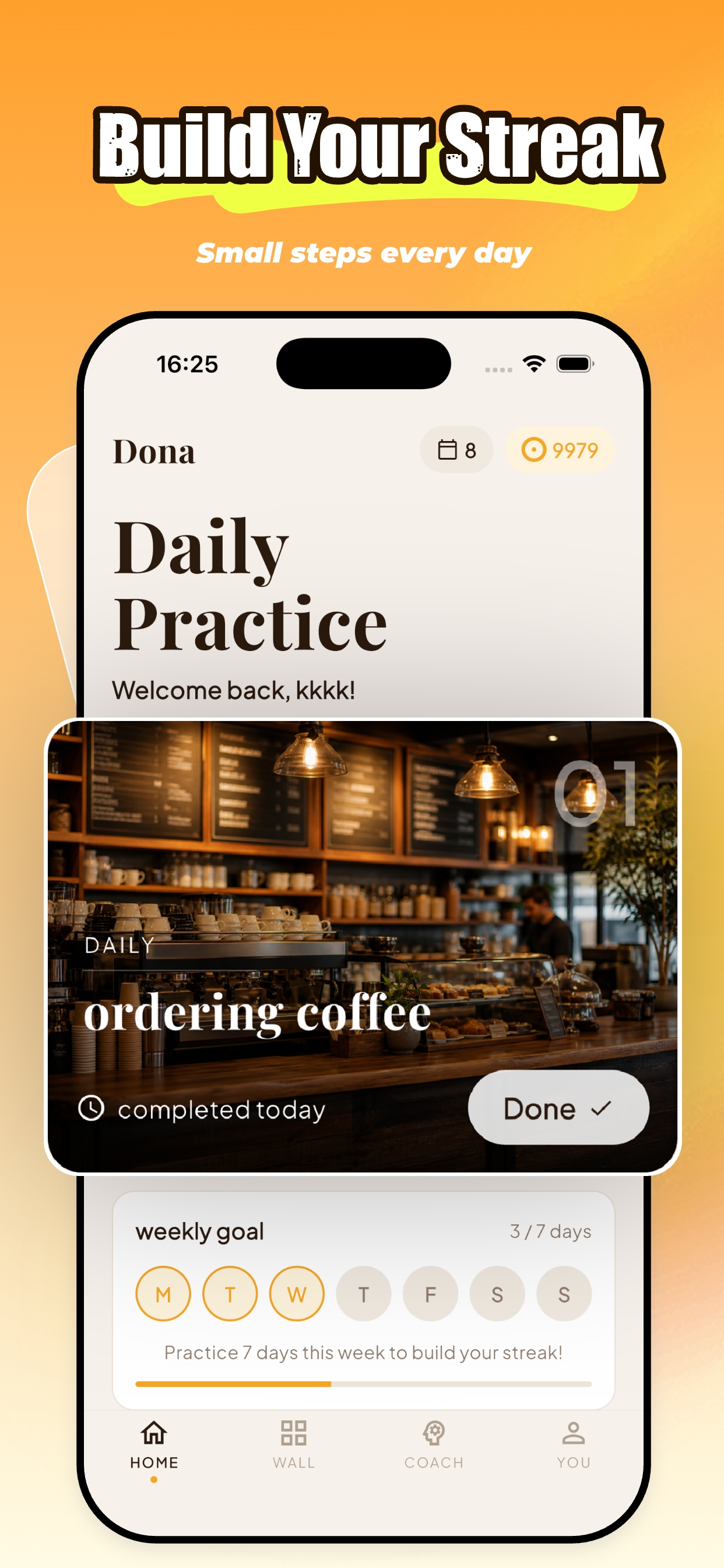 Dona Daily Practice screen